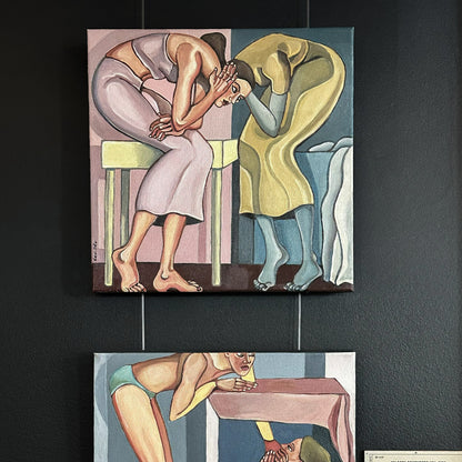 Come Closer, I Can’t Hear You Think is a small square figurative painting about closeness becoming constant awareness.