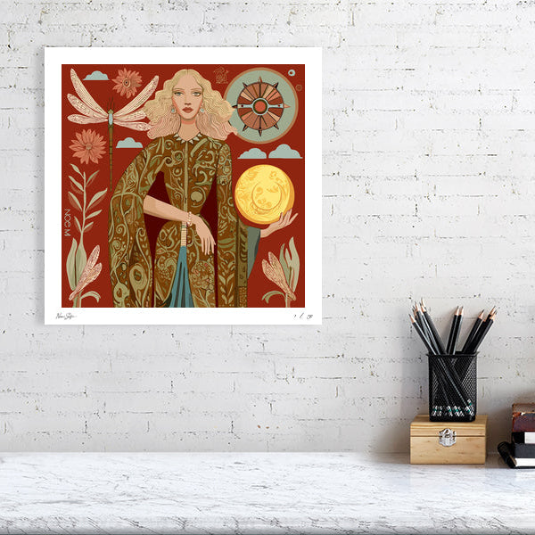 NOE MI Lunar Empress decorative wall print, limited edition signed artwork in terracotta palette with golden moon and symbolic feminine figure.