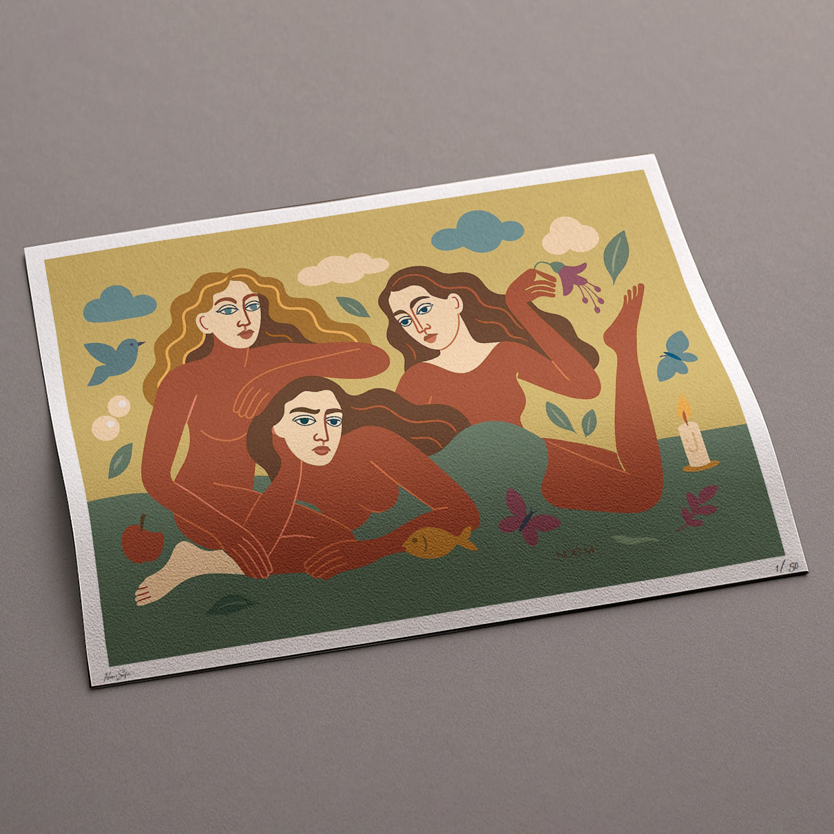  Limited Edition NOE MI wall art print of three women on a postcard with a plain background