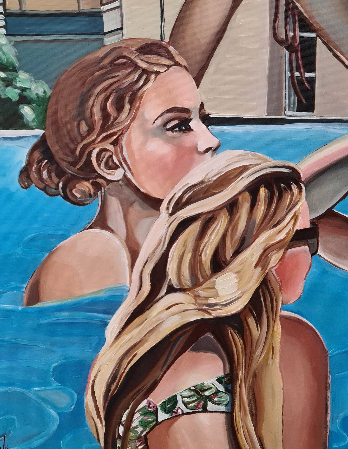 Noemi Safir contemporary figurative painting The Pool Party, showing women in and around blue pool water with architectural background, sunlit color, and social atmosphere.