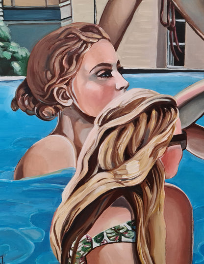 Noemi Safir contemporary figurative painting The Pool Party, showing women in and around blue pool water with architectural background, sunlit color, and social atmosphere.