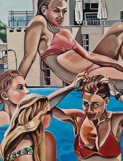 Contemporary figurative art by Israeli artist Noemi Safir titled The Pool Party, created for collectors drawn to women in art, summer scenes, social observation, and beauty with meaning.
