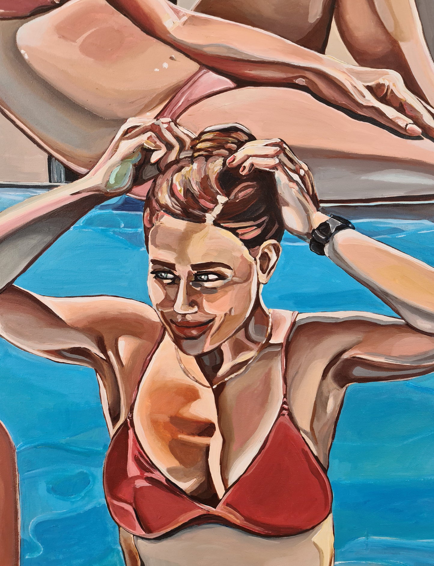 The Pool Party original artwork by Noemi Safir, a highly collectible painting about female company, poolside leisure, subtle emotional distance, and symbolic storytelling.