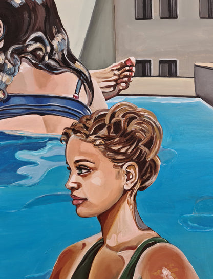 Noemi Safir women painting The Pool Party, exploring the quiet emotional choreography that unfolds between women inside moments meant to feel light, effortless, and free.