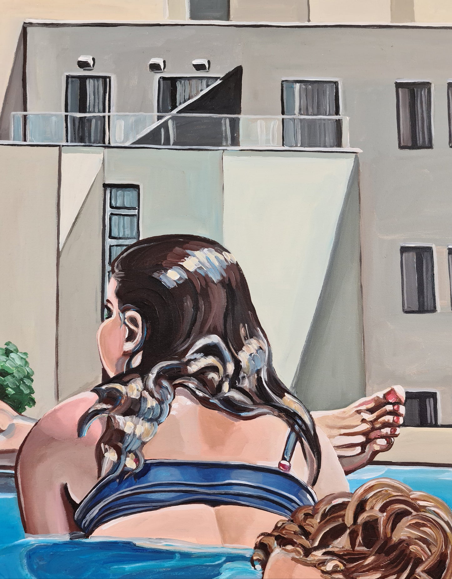 The Pool Party original acrylic on canvas by Noemi Safir, a symbolic figurative painting about femininity, shared space, poolside conversation, and private thoughts within social gatherings.