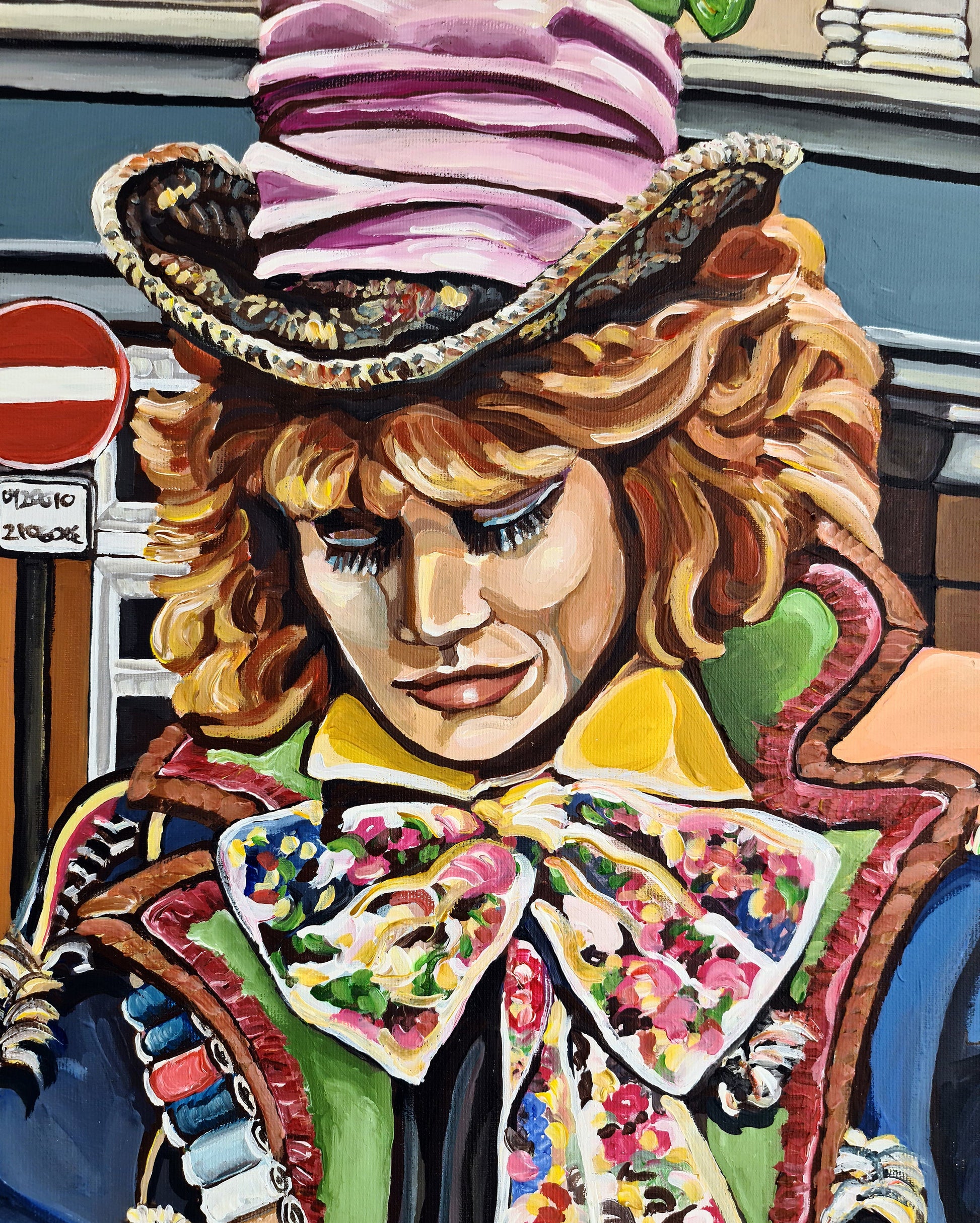 The Mad Hatter by Noemi Safir, original painting from the series Sweet Little Chaos, featuring a single female figure in an extravagant theatrical costume inspired by storybook fantasy.