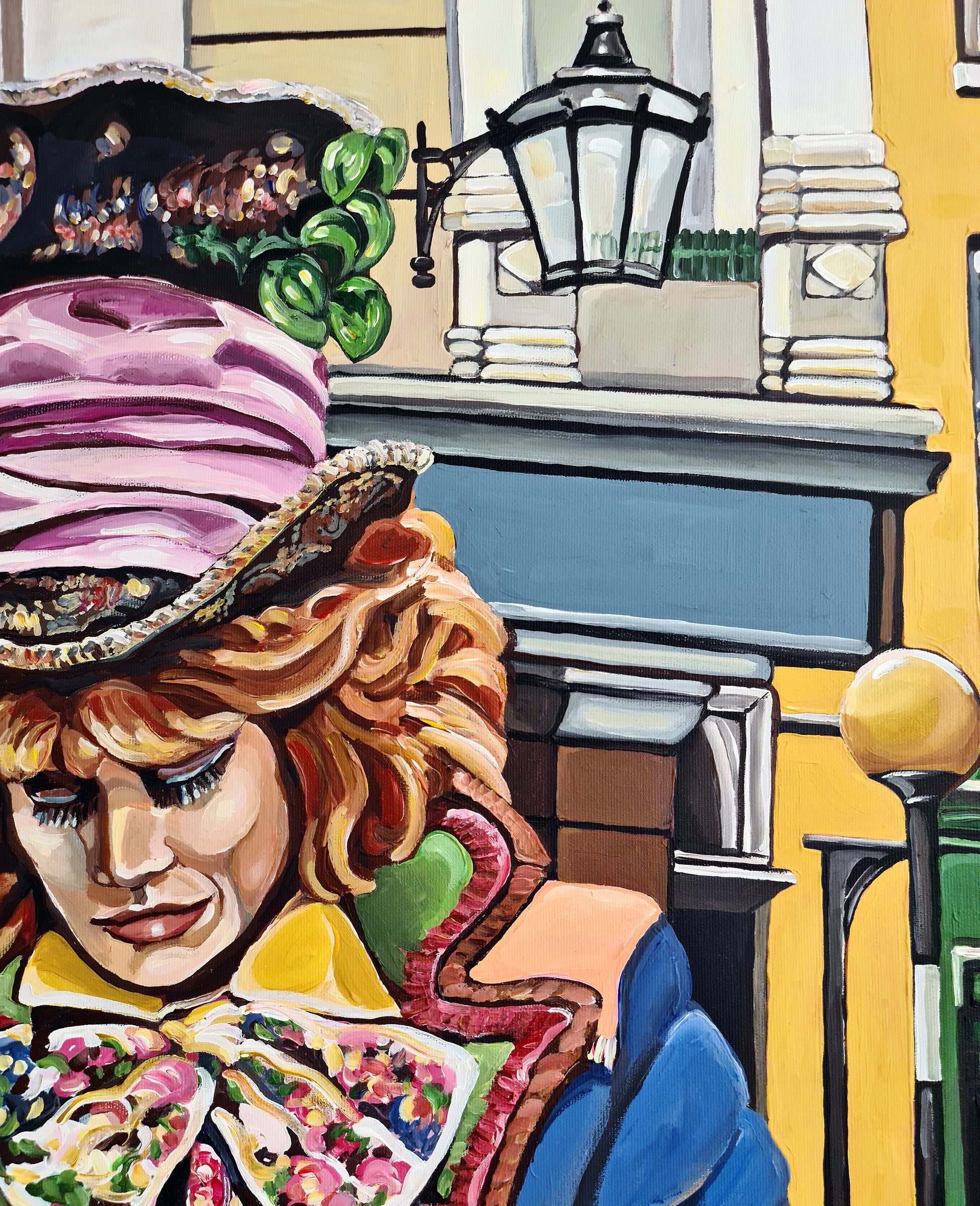 Noemi Safir contemporary figurative painting The Mad Hatter, showing a richly dressed woman seated at a whimsical tea setting with a tall hat, sweets, and vivid decorative detail.