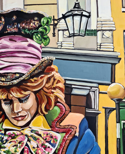 Noemi Safir contemporary figurative painting The Mad Hatter, showing a richly dressed woman seated at a whimsical tea setting with a tall hat, sweets, and vivid decorative detail.