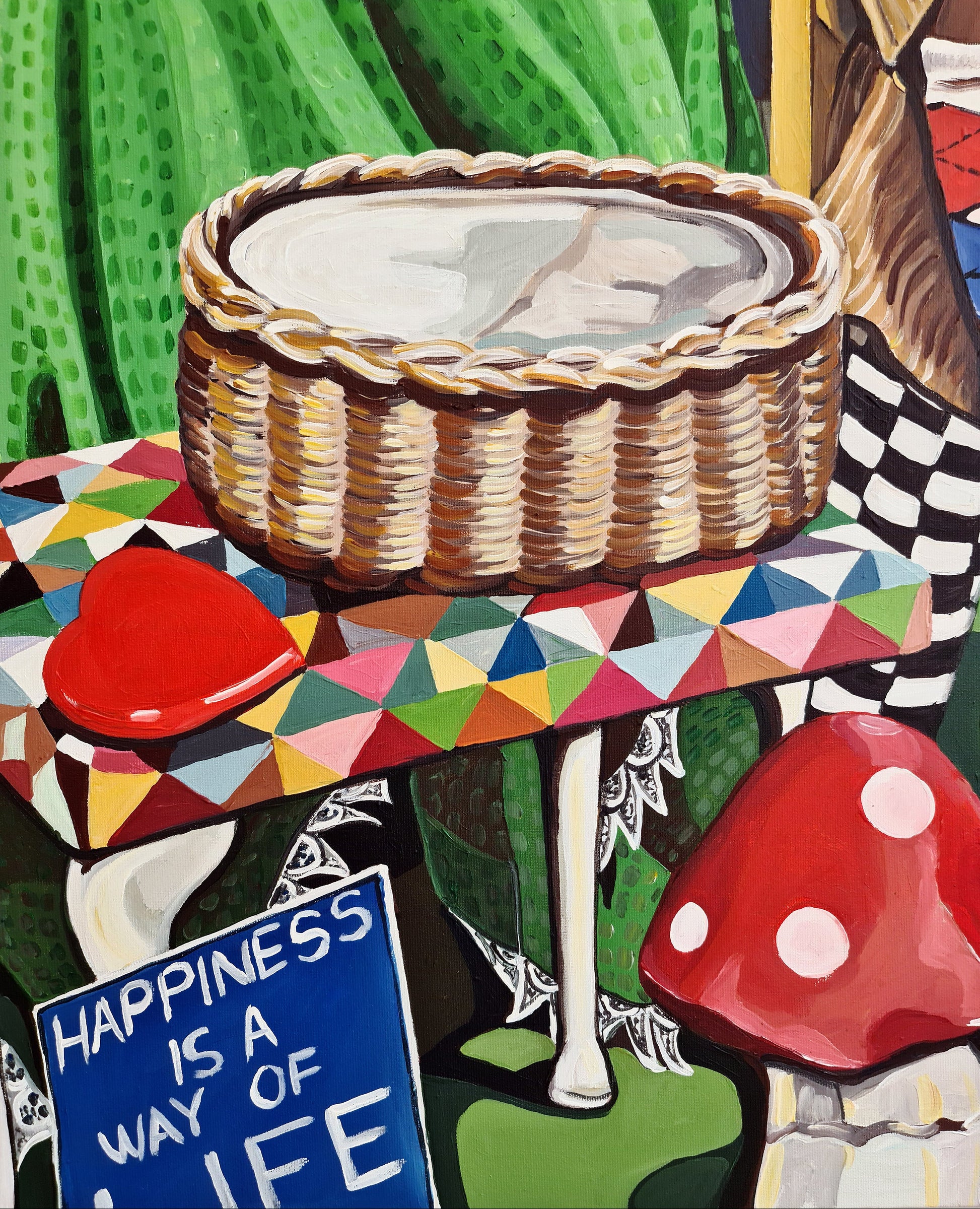 The Mad Hatter original artwork by Noemi Safir, a highly collectible painting about self invention, performance, costume, feminine identity, and symbolic storytelling.