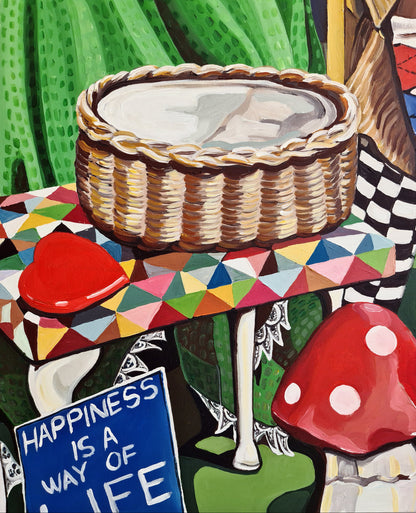 The Mad Hatter original artwork by Noemi Safir, a highly collectible painting about self invention, performance, costume, feminine identity, and symbolic storytelling.