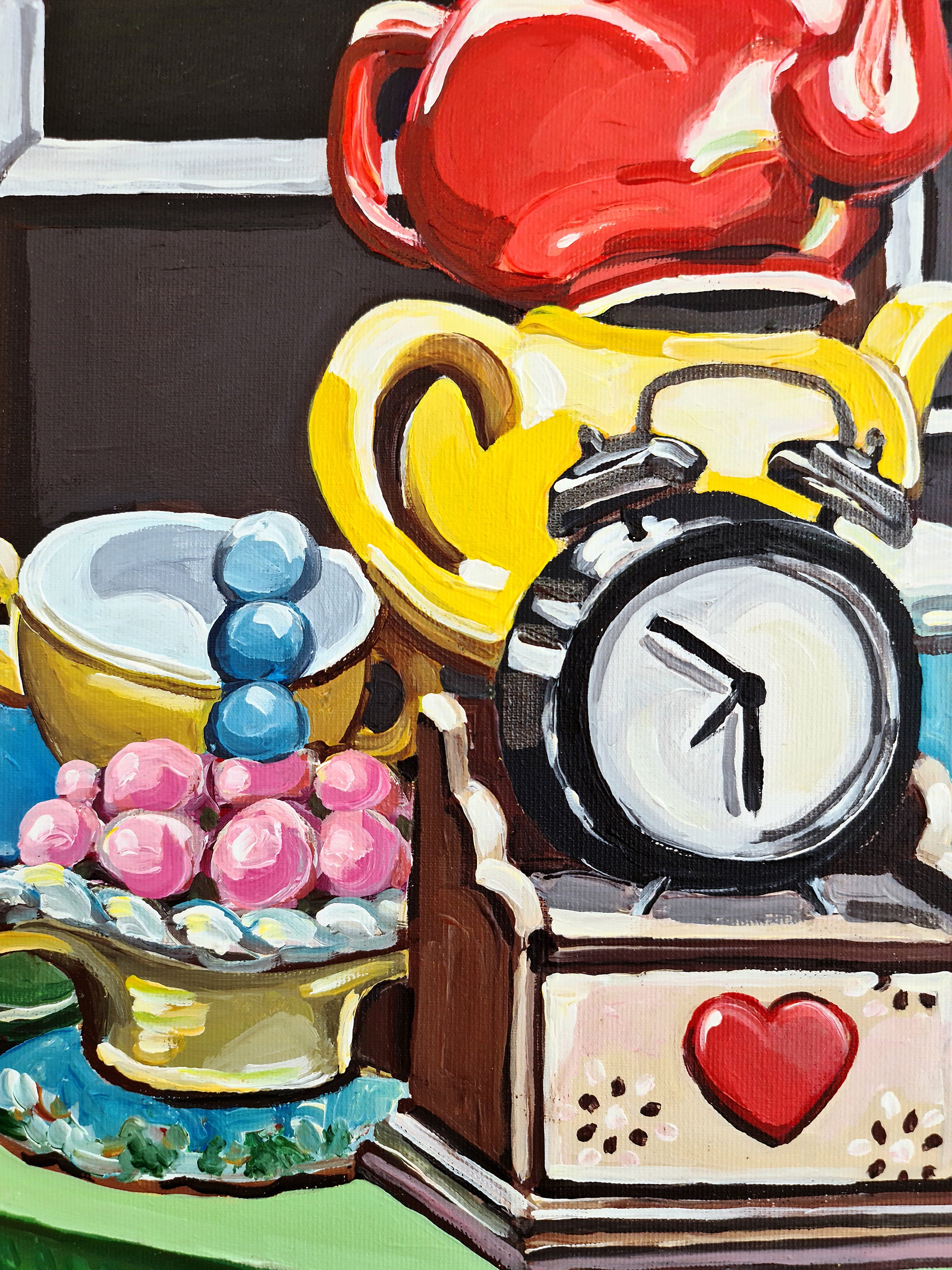 Noemi Safir large original painting The Mad Hatter, featuring a whimsical female character surrounded by tea objects, colorful accessories, patterned costume, and a playful yet unsettling atmosphere.