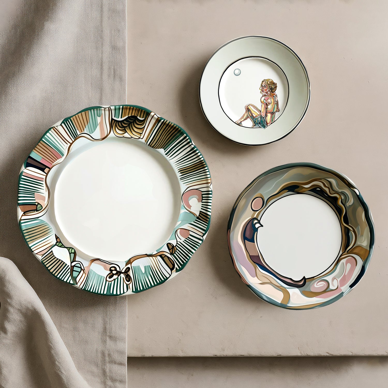 Three decorative table art plates designed by NOE MI with unique patterns on a neutral background