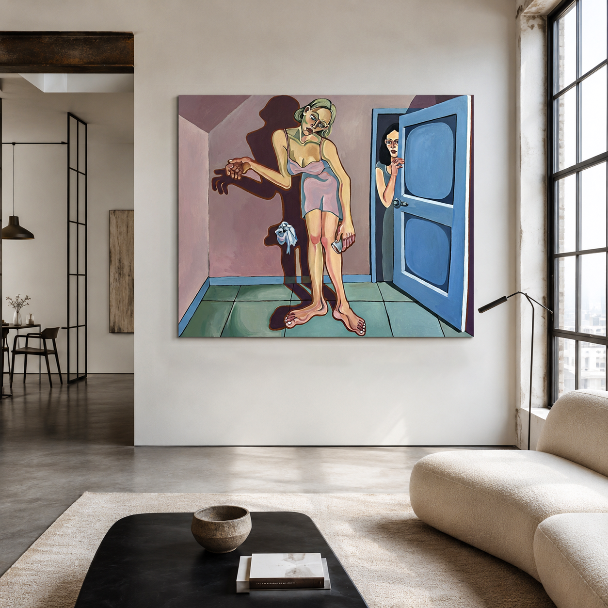 She Never Stepped In original acrylic on canvas by Noemi Safir, a symbolic figurative painting about a woman in a quiet room and another figure hesitating at the threshold.