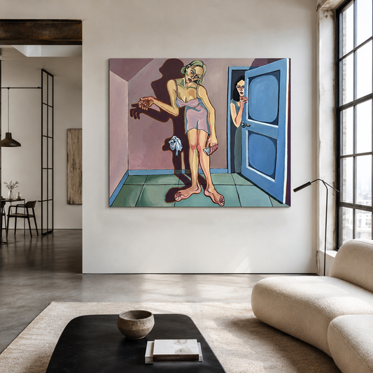 She Never Stepped In original acrylic on canvas by Noemi Safir, a symbolic figurative painting about a woman in a quiet room and another figure hesitating at the threshold.