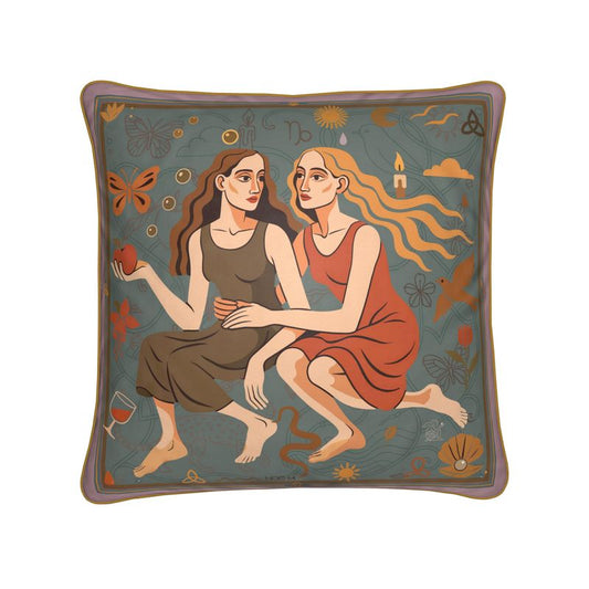 Decorative square art velvet pillow/cushion  with an illustration of two women, one holding an apple, on a gray background.