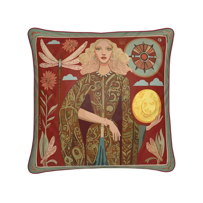 Velvet luxury cushion by NOE MI, Lunar Empress artwork in celestial tones with dragonflies and moon, high-end décor accessory for a global audience.