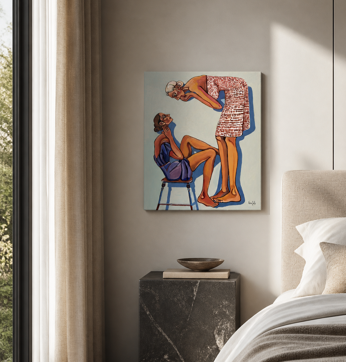 High Maintenance by Noemi Safir, original contemporary figurative painting from the series Drama Looks Good on Us, featuring two women in an intimate emotional moment about being seen and cared for.