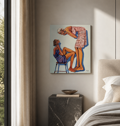 High Maintenance by Noemi Safir, original contemporary figurative painting from the series Drama Looks Good on Us, featuring two women in an intimate emotional moment about being seen and cared for.
