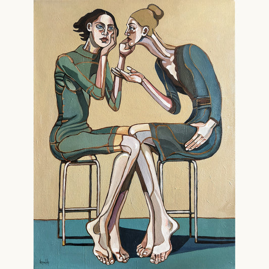 Noemi Safir How Right Do I Have to Be original acrylic painting on canvas, a highly collectible contemporary figurative artwork about women, emotional pressure, persuasion, dependency, and beauty with meaning.