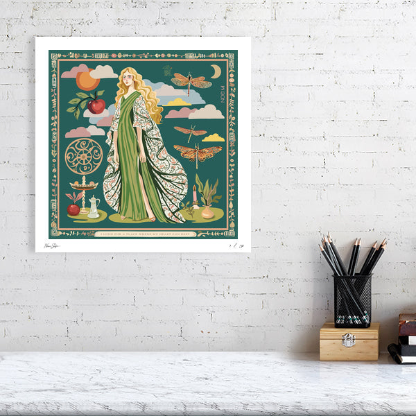 High-end fine art print by NOE MI, Gown Stories artwork in green and cream palette, surreal figurative style for contemporary wall decoration.