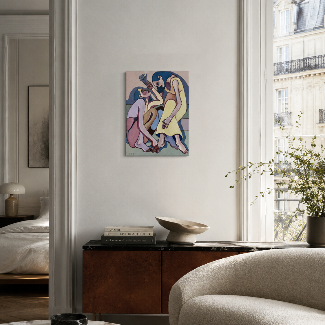 Sweet Power Trip by Noemi Safir, original painting from Drama Looks Good on Us, featuring two women in an intimate exchange charged with tenderness, control and emotional tension.