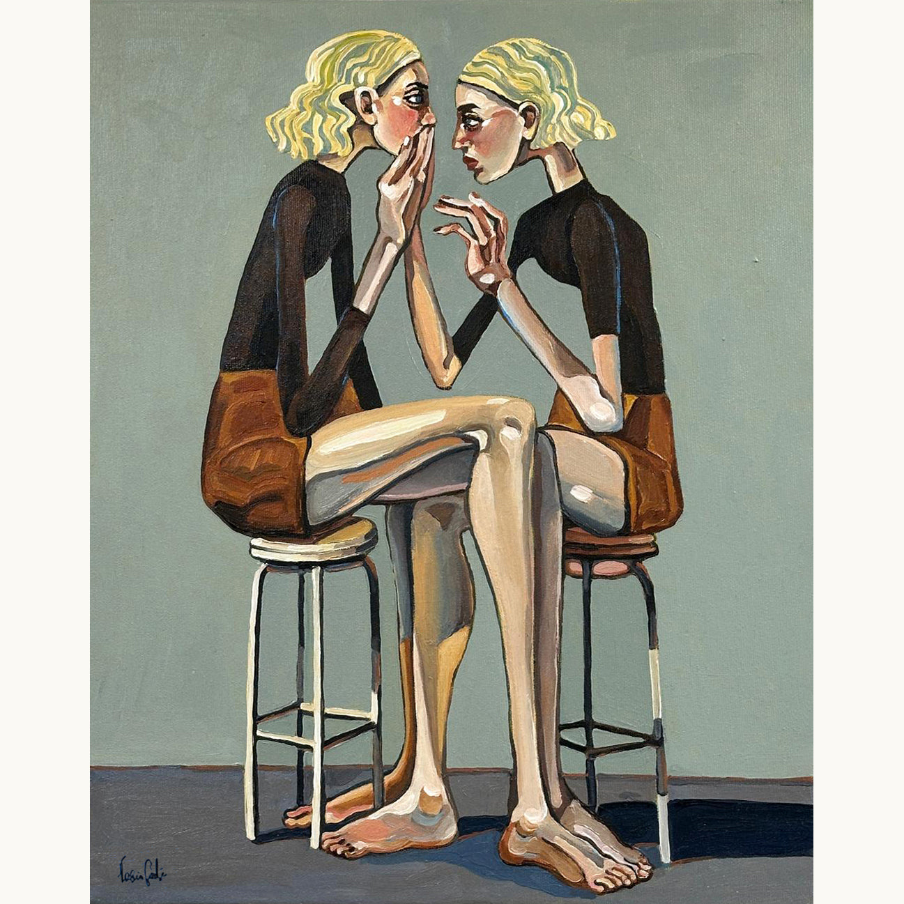 Pleasing Again by Noemi Safir, original painting from the series Drama Looks Good on Us, featuring two women in a charged moment of intimacy, silence, and emotional adjustment.