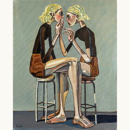 Pleasing Again by Noemi Safir, original painting from the series Drama Looks Good on Us, featuring two women in a charged moment of intimacy, silence, and emotional adjustment.