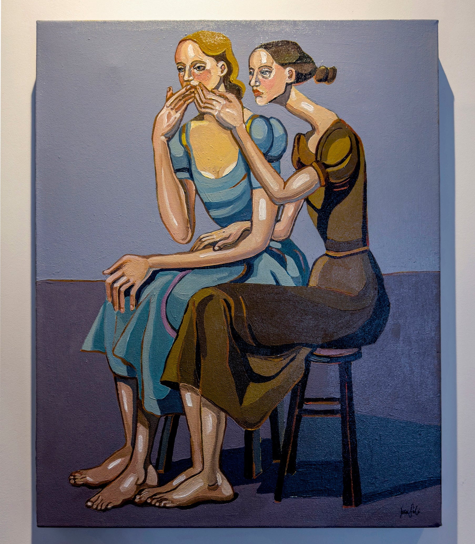 Noemi Safir contemporary figurative painting The Words That Never Come Out, showing elongated female figures, a hand over the mouth, and symbolic body language about silencing and closeness.