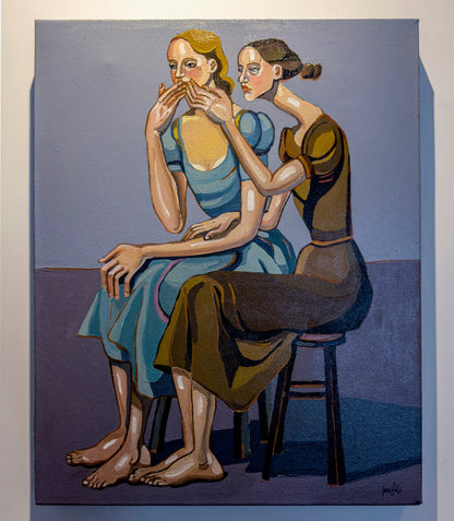 Noemi Safir contemporary figurative painting The Words That Never Come Out, showing elongated female figures, a hand over the mouth, and symbolic body language about silencing and closeness.
