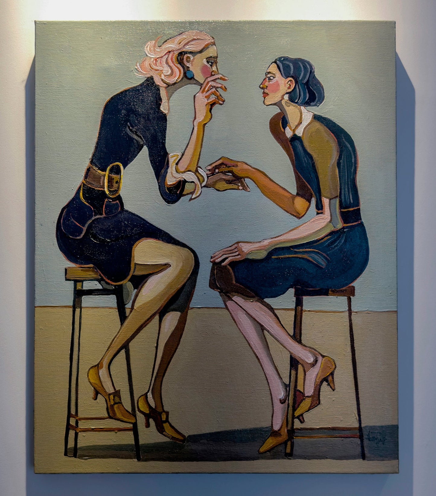 Staying Without Being Swallowed by Noemi Safir, original painting from the series Drama Looks Good on Us, featuring two women in a poised and emotionally charged moment of distance and closeness.