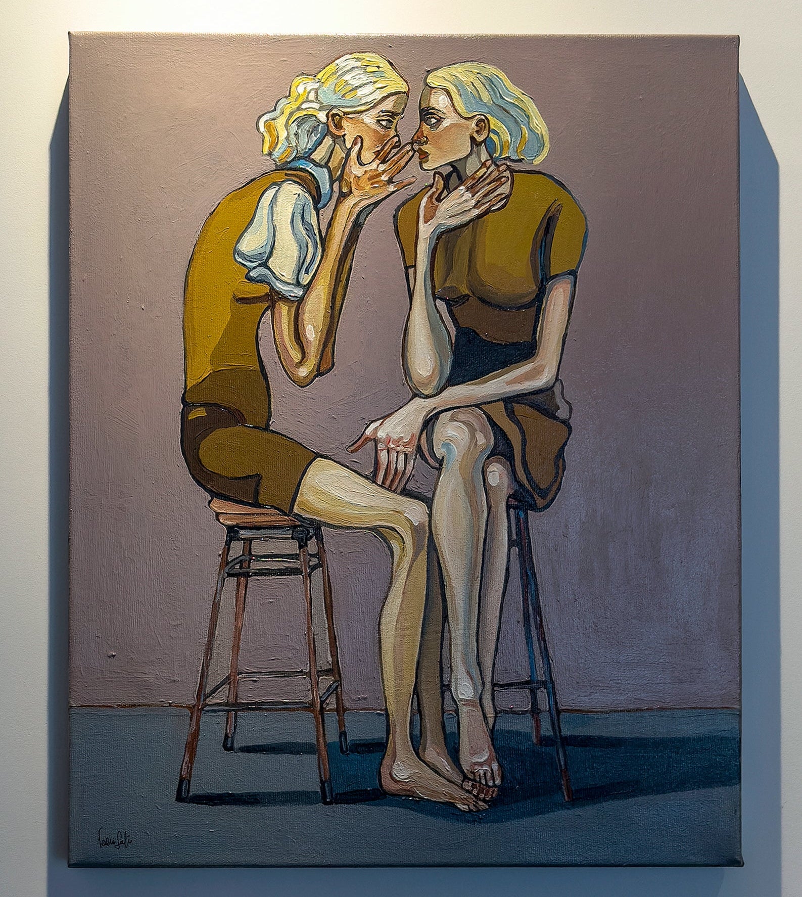 Noemi Safir contemporary figurative painting Layers That Left Their Mark, showing elongated female figures, intimate posture, and symbolic body language about the voices that remain inside the body.