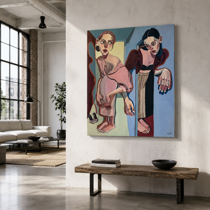 Between Rooms by Noemi Safir, original painting from Drama Looks Good on Us, featuring two women in an interior space divided by walls, silence and emotional distance.