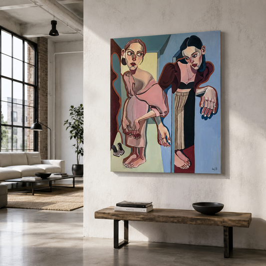 Between Rooms by Noemi Safir, original painting from Drama Looks Good on Us, featuring two women in an interior space divided by walls, silence and emotional distance.