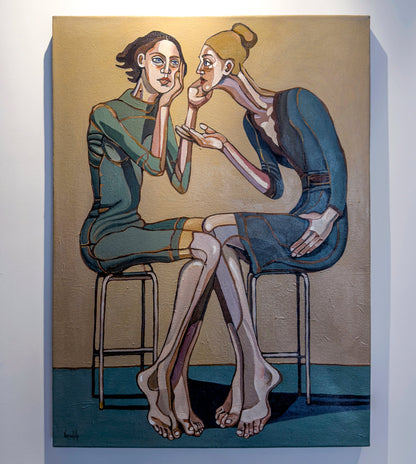 How Right Do I Have to Be by Noemi Safir, original painting from the series Drama Looks Good on Us, featuring two women in a charged moment of pressure, persuasion, and emotional imbalance.