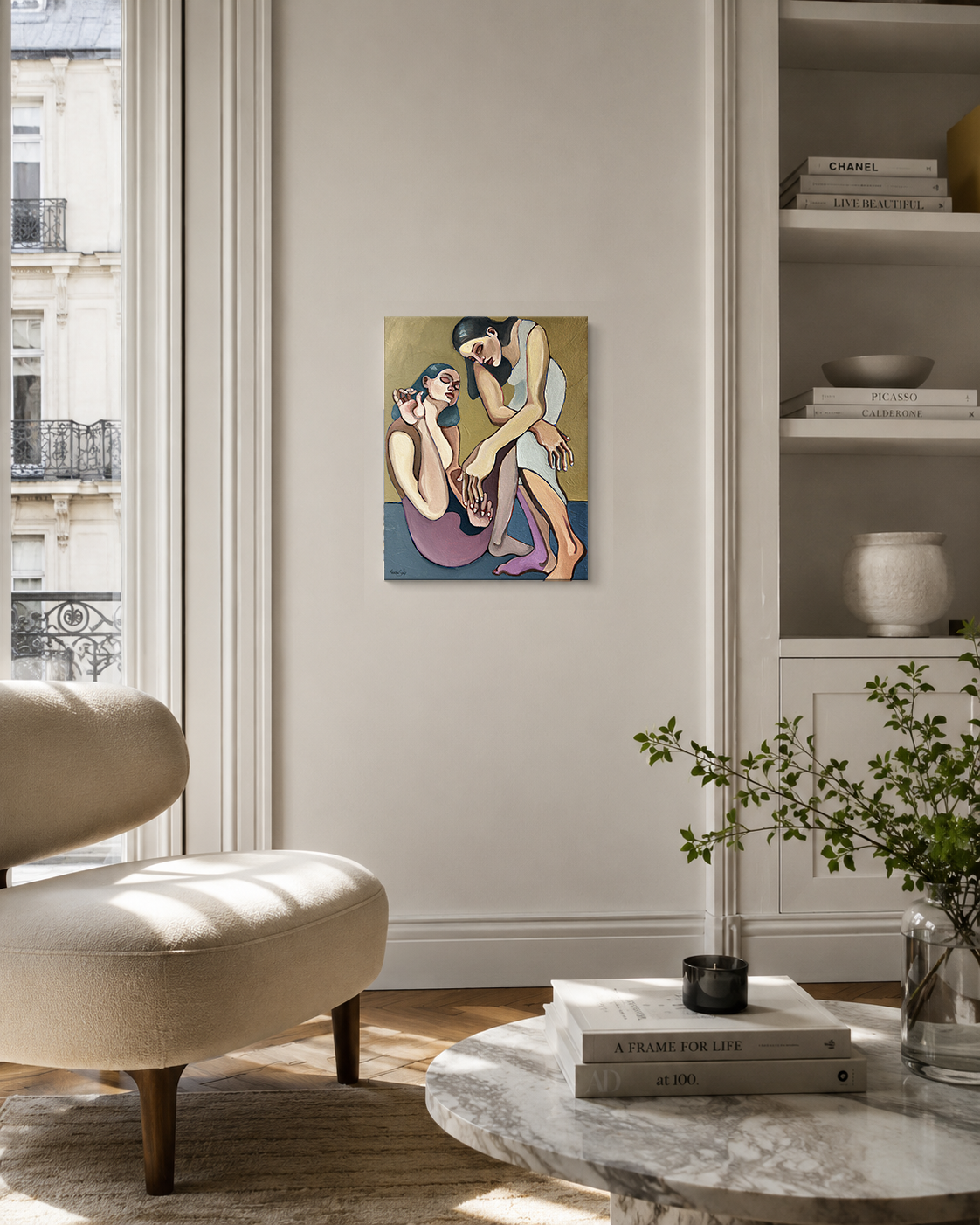 Mind the Gap by Noemi Safir, original painting from Drama Looks Good on Us, featuring two women in a charged intimate space of restraint and emotional awareness.