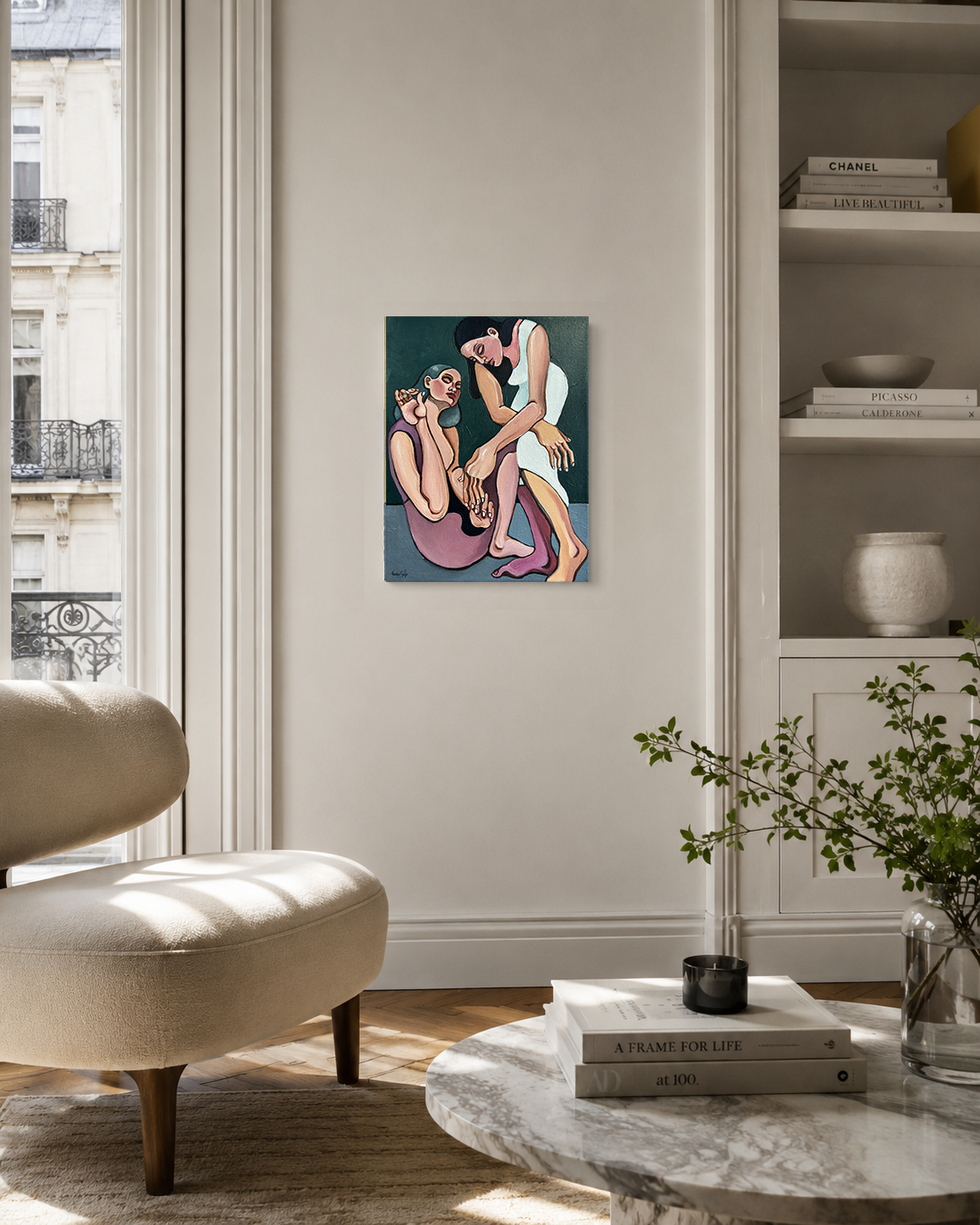 Mind the Gap by Noemi Safir, original painting from Drama Looks Good on Us, featuring two women in a charged intimate space of restraint and emotional awareness.