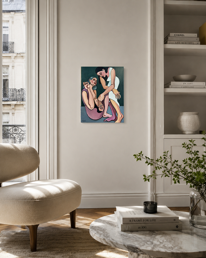 Mind the Gap by Noemi Safir, original painting from Drama Looks Good on Us, featuring two women in a charged intimate space of restraint and emotional awareness.