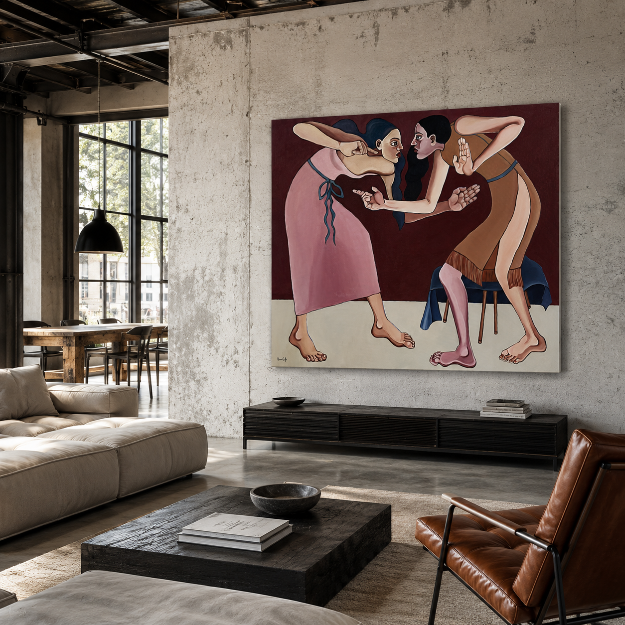 You’re Being Sensitive by Noemi Safir, original painting from Drama Looks Good on Us, featuring two women in a charged confrontation about emotion, resistance and dismissed truth.