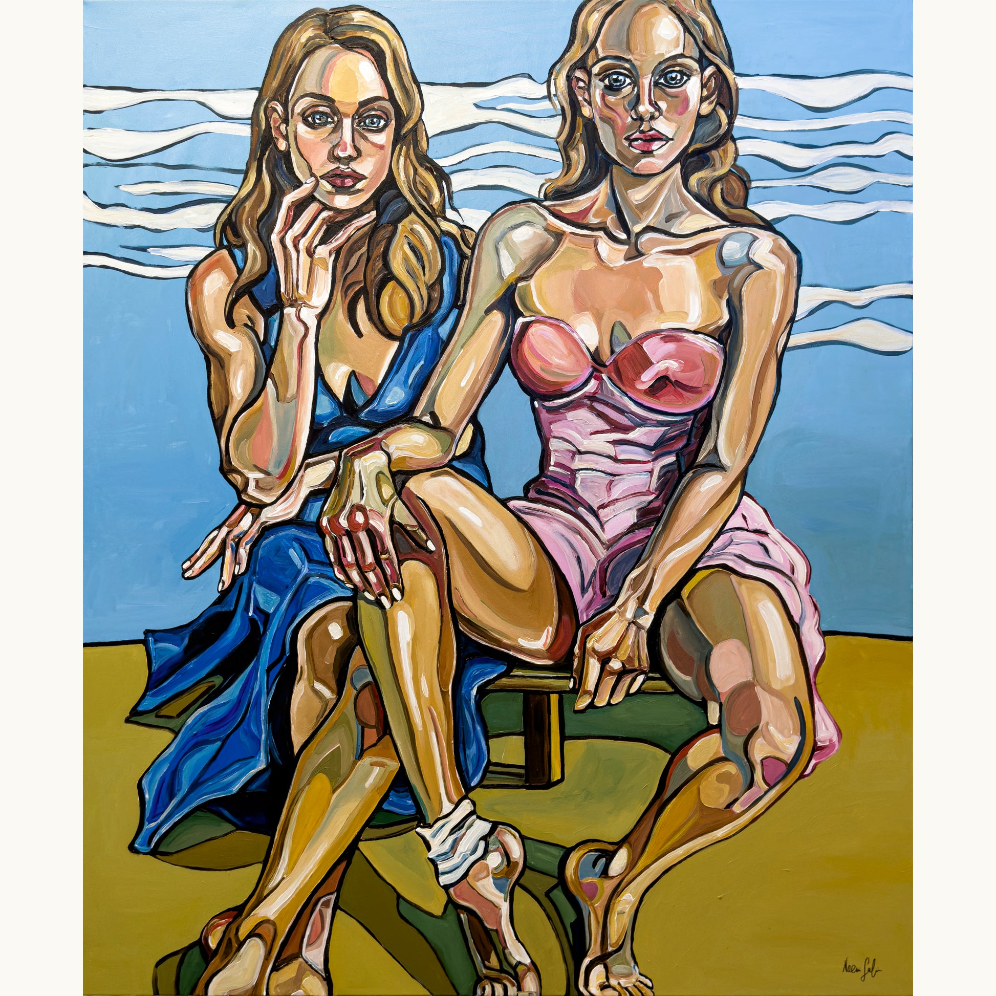 Original painting Aching Legacies by Noemi Safir, acrylic on canvas with two seated female figures in a contemporary double portrait