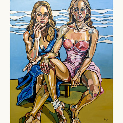 Original painting Aching Legacies by Noemi Safir, acrylic on canvas with two seated female figures in a contemporary double portrait