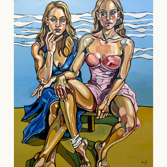 Original painting Aching Legacies by Noemi Safir, acrylic on canvas with two seated female figures in a contemporary double portrait
