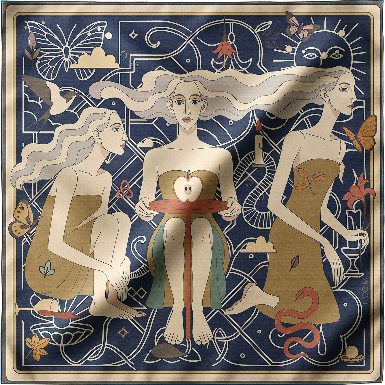 NOE MI Apple Affair Sapphire square silk scarf is a designer scarf suitable for collectors, fashion lovers, and men who seek meaningful design.