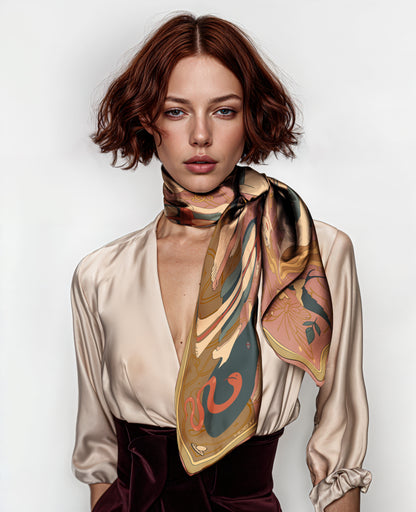 NOE MI Apple Affair silk twill scarf, artistic square accessory in pink and gold palette, feminine surrealist design with apple, snake, and butterfly motifs.