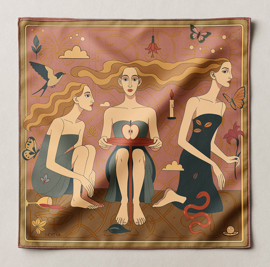 Decorative luxury art silk twill scarf with artistic design of three women, butterflies, and flowers on a pink background.
like hermes and dior