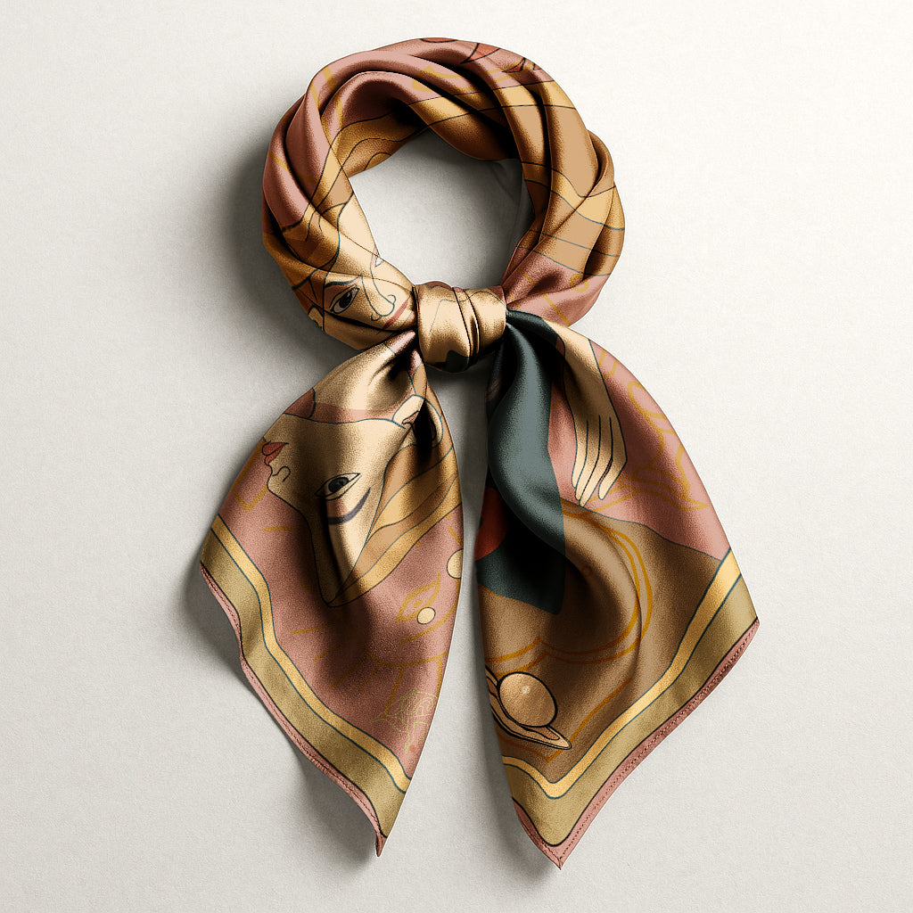 Decorative luxury art silk twill scarf with artistic design on a light background
like hermes and dior