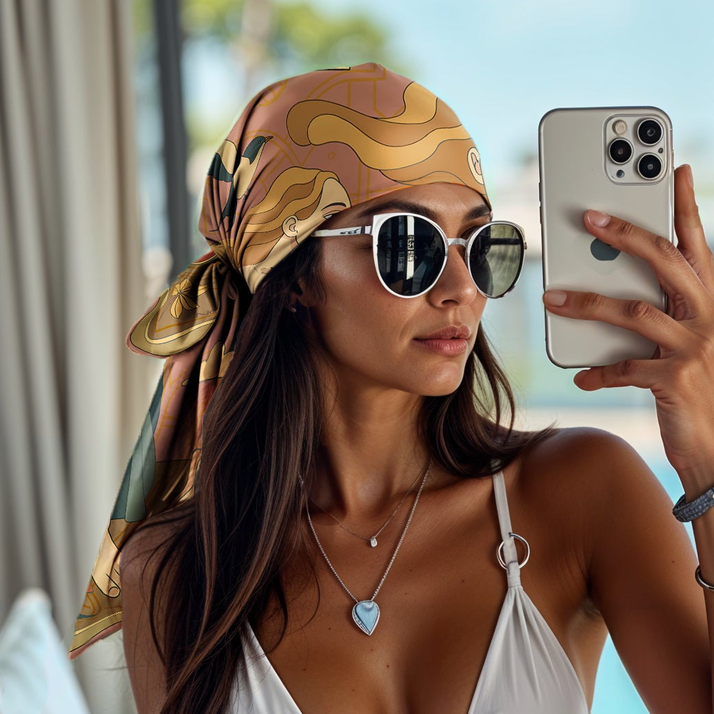 Woman in a white bikini taking a selfie by a pool wearing a luxury art silk twill scarf as a bandana
like hermes and dior
