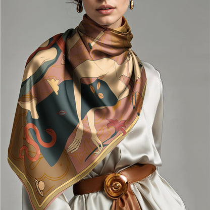 Woman wearing a patterned luxury art silk twill scarf on a gray background
like hermes and dior