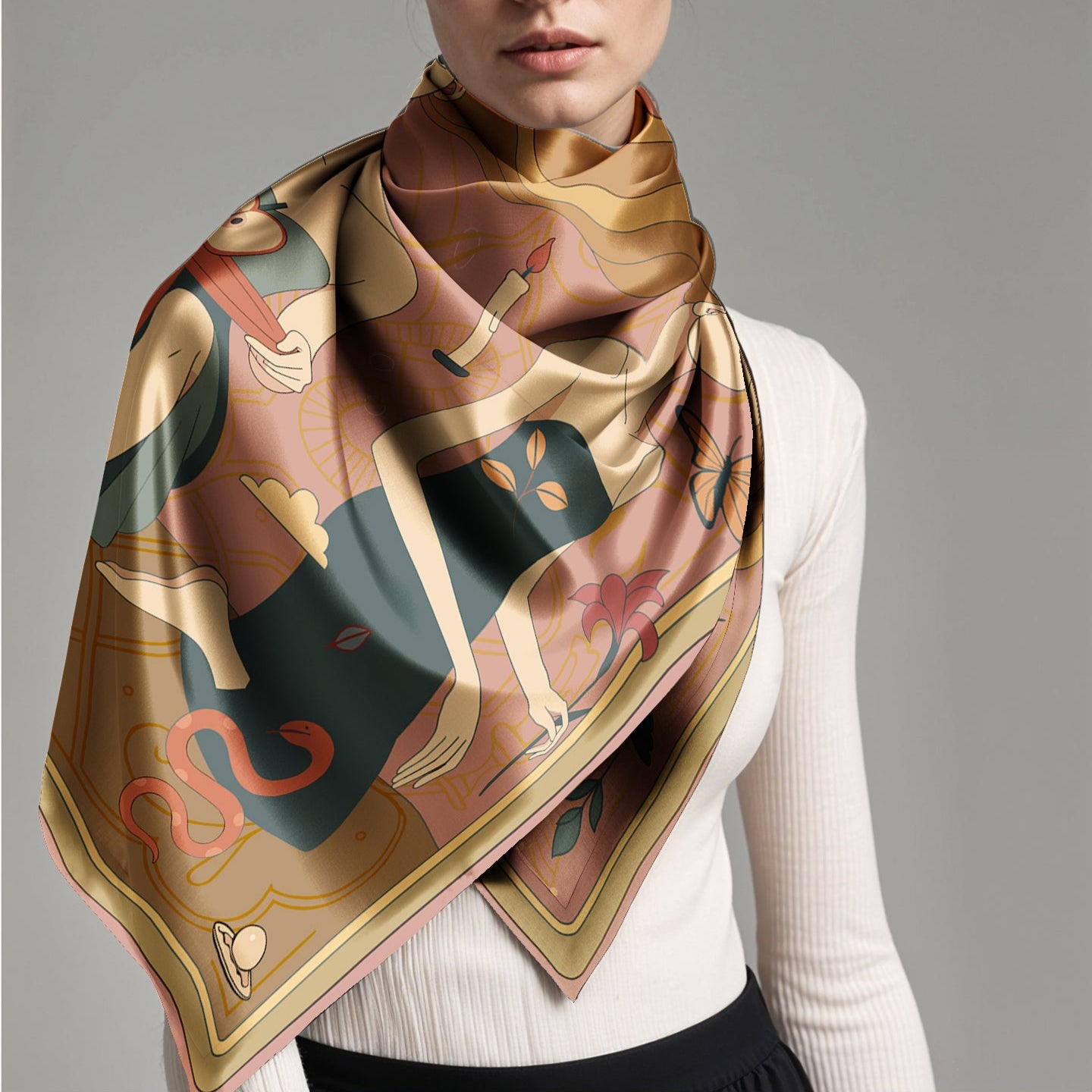 Woman wearing a patterned luxury art silk twill scarf on a gray background
like hermes and dior