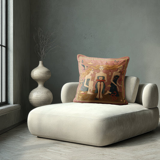 Designer throw pillow featuring Noemi Safir’s collectible artwork – handmade cushion UK, by NOE MI