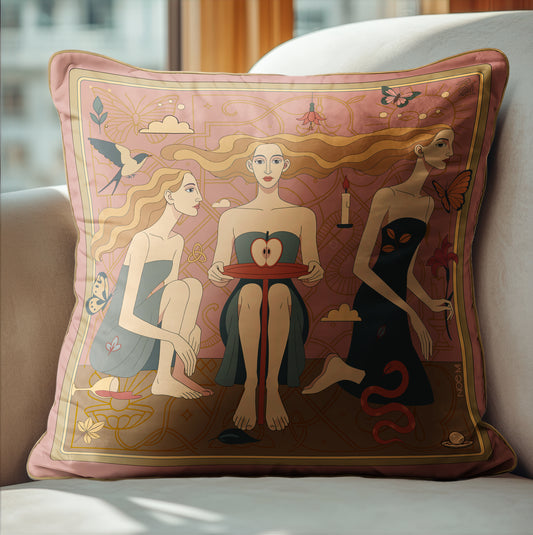 luxurious square cushion with artistic design of three women holding an apple. Designed by NOE MI